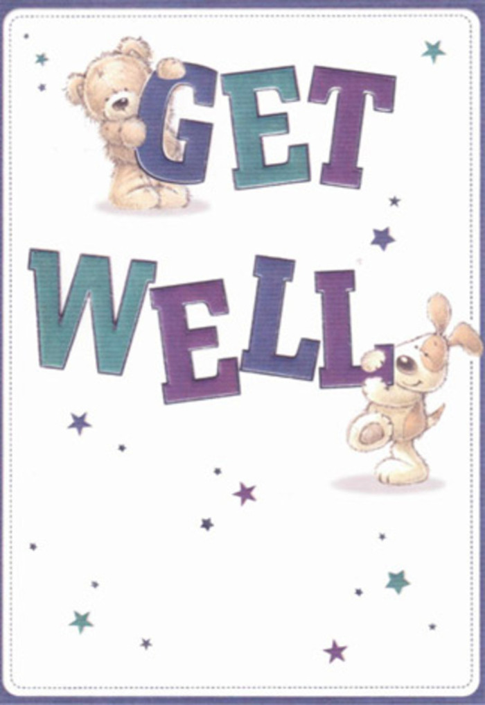 A celebration of nurturing and encouragement unfolds on this get well card-a familiar sight for many in Brent Cross, where caring gestures abound. The friendly duo, a snuggly bear and a floppy-eared puppy, are rendered with plush softness that seems almost tangible, their happiness reflecting the warmth shared amongst local families. Star patterns twinkle in vibrant teal and purple, swirling around confident, blocky letters that spell out 'Get Well' in hues as vivid as summer blooms at a local florist shop. The clean, serene background enhances the freshness and brightness of the scene, conjuring the comfort of a bouquet arriving on a crisp morning in Brent Cross. With every detail, from the affectionate poses of the animals to the expressive, painterly textures, the card offers reassurance and cheery hope, much like a lovingly arranged bouquet meant to see someone through recovery in NW2 or Golders Green.