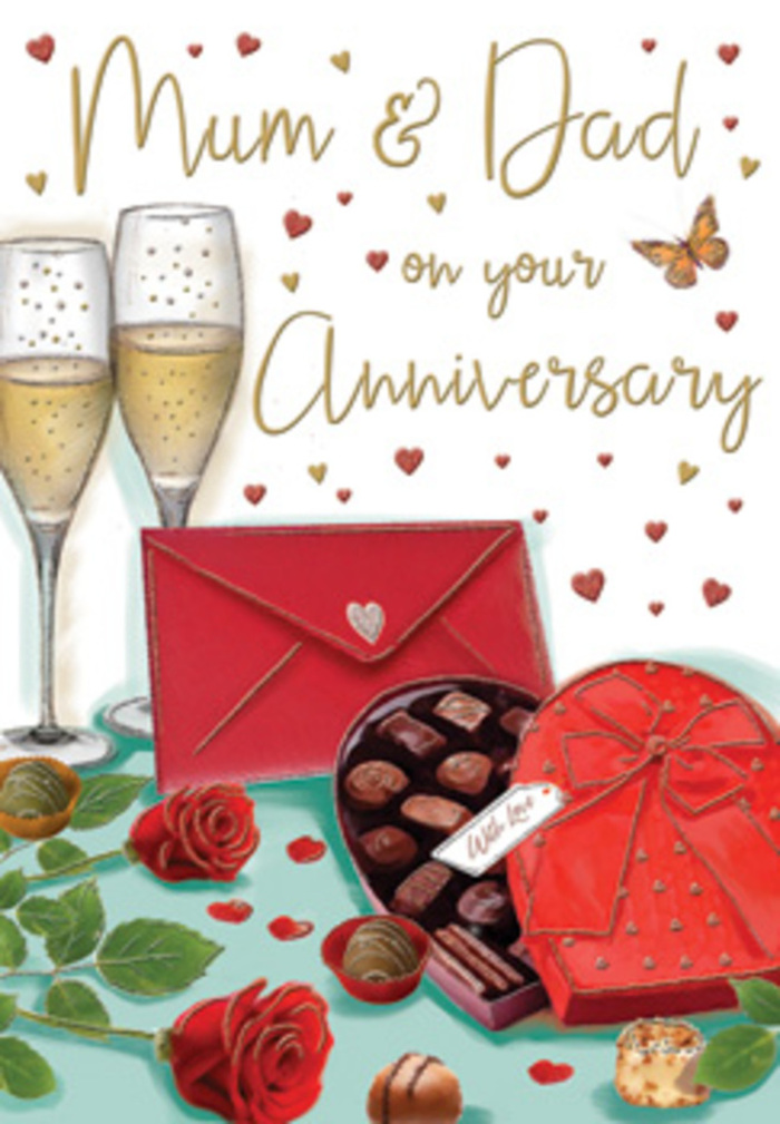 Detailed anniversary card illustration that conjures the atmosphere of a special evening in the Brent Cross area, where family gathers to honour Mum and Dad. The central focus is on two tall champagne flutes, drawn with slender stems and gently curving bowls, positioned so closely together that they seem to lean into one another. Inside, the champagne glows a soft, honeyed gold, filled with lively bubbles that appear to rise in slow motion. The light that washes over the glasses feels warm and intimate, like the glow from a favourite lamp in a North West London living room after dusk. Resting in front is a heart-shaped box of chocolates in a deep, romantic red. Its lid, slightly ajar, reveals a neatly arranged selection of truffles, their surfaces smooth, domed, and faintly highlighted to suggest creamy fillings. A generous red satin bow loops across the top, its ribbon edges crisply defined yet soft, evoking the tactile pleasure of unwrapping a caring gift. To one side, two red roses lie nestled in glossy green foliage, each petal carefully illustrated to show its velvety texture and gently rolled edges, much like roses freshly prepared in a hand-tied arrangement by Florist Brent Cross. A few chocolates tumble loosely around the base of the box, as though someone has just picked one up while chatting. The background blends creamy and pale blush tones, scattered with tiny crimson and gold hearts that seem to float like delicate confetti around the hand-lettered anniversary message. A striking scarlet envelope, placed within easy reach and neatly sealed, hints at a personal note filled with shared stories and thanks. The whole composition radiates warmth, gratitude, and the kind of steady, enduring love that grows deeper with every year.