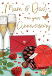 Warm, romantic anniversary card design that feels like a cherished family moment in Brent Cross, captured in a single, lovingly detailed illustration. At the centre, two tall champagne flutes stand close together, filled with sparkling golden champagne, each tiny bubble rising as though in quiet celebration. The glass surfaces reflect soft, ambient light, giving the impression of a cosy North West London evening indoors while the world outside fades into the background. In the foreground, a heart-shaped box of chocolates, painted a deep, inviting red, sits open to display a tempting selection of neatly arranged truffles. The box is adorned with a sumptuous red satin bow, its loops full and slightly curled, catching the light with a gentle sheen. Beside it, two red roses rest on a bed of lush green leaves, their petals richly layered and velvety, evoking the care and attention of an expert florist selecting just the right stems for a long-married couple. A few loose chocolates are scattered around, adding a sense of relaxed indulgence, as though the celebration is already underway. The background of the card is a soft, creamy tone, sprinkled with delicate crimson and gold hearts that drift across the scene like confetti, framing hand-lettered words of love directed to Mum and Dad. A vivid scarlet envelope lies nearby, its seal unbroken, suggesting a handwritten anniversary message waiting to be opened, perhaps after a leisurely day spent together near Brent Cross Shopping Centre. Altogether, the image conveys comfort, affection, and the quiet luxury of sharing simple pleasures and heartfelt thanks after many years of life side by side.